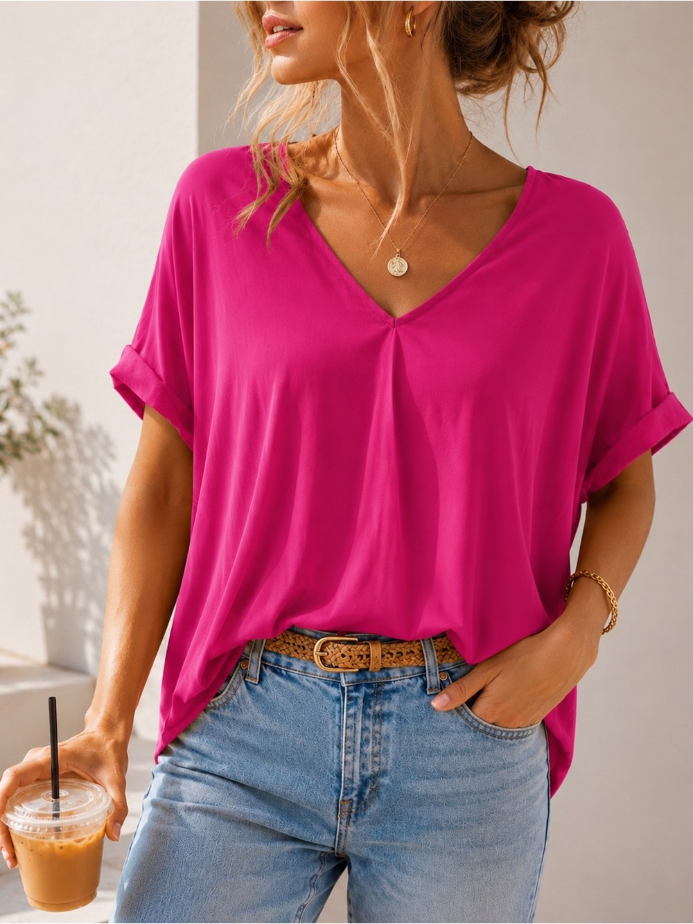 Lush Fuchsia V-Neck Short Sleeve Tunic Size Small